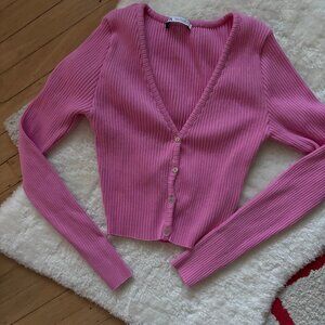 Pink Ribbed Cropped Cardigan